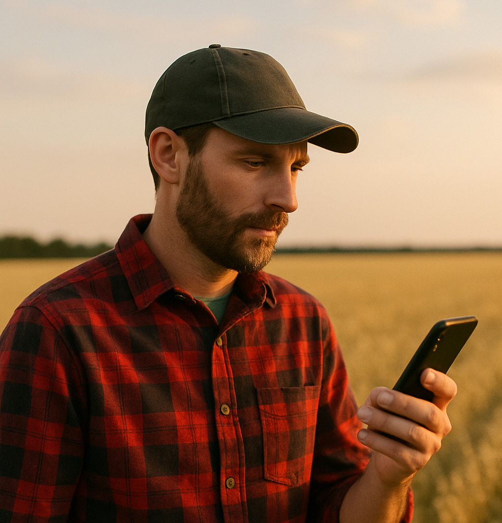 Farmer using FarmBiddy mobile app in wheat field at sunset